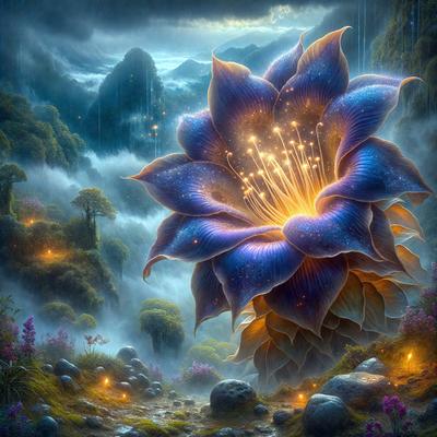 The primary subject of the image is a large, blue flower with a yellow center, surrounded by a forest. The setting is a lush, green environment with a mountainous background. The visual style is a digital art or illustration, creating a vibrant and colorful atmosphere. The dominant colors are blue, yellow, and green, with the blue flower being the focal point of the scene.
